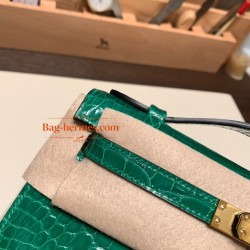 6Q/ Vert Emeraude ゴールド金具 Pochette--005 全手縫いエルメス ポシェットケリー kelly pochette  Crocodile Alligator 