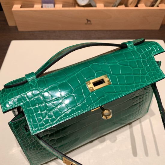 エルメス ポシェットケリー kelly pochette  Crocodile Alligator 6Q/ Vert Emeraude ゴールド金具 Pochette--005 全手縫い