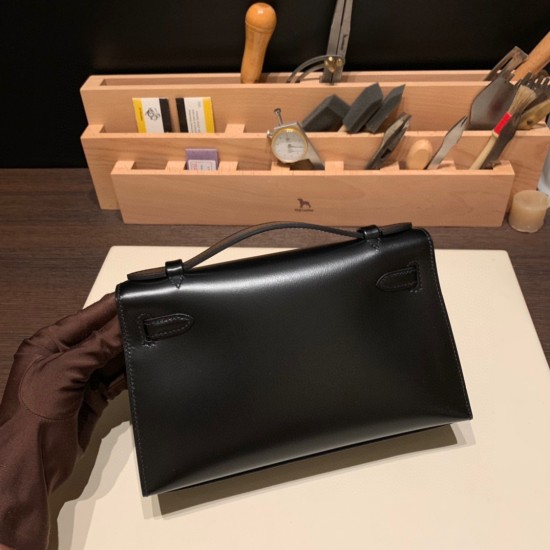 エルメス ポシェットケリー kelly pochette  box ボックスカーフ  ブラック 89 /Black (Noir) Black Hardware Pochette--006 全手縫い