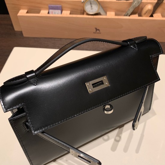 エルメス ポシェットケリー kelly pochette  box ボックスカーフ  ブラック 89/ Black (Noir) シルバー金具 Pochette--007 全手縫い