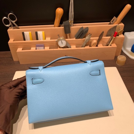 エルメス ポシェットケリー kelly pochette  Epsom ヴォーエプソン セレスト 7N /Celeste ゴールド金具 Pochette--012 全手縫い