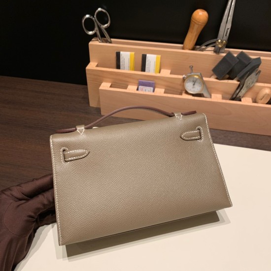 エルメス ポシェットケリー kelly pochette  Epsom ヴォーエプソン エトゥープ 18/Étoupe Grey シルバー金具 Pochette--021 全手縫い