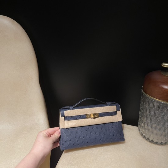 オーストリッチ エルメス ポシェットケリー kelly pochette 73/Blue Saphir  ブルーサフィール