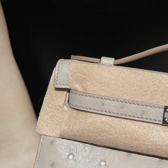 オーストリッチ エルメス ポシェットケリー kelly pochette  80/Pearl Grey (Gris Perle)  パールグレー ，
