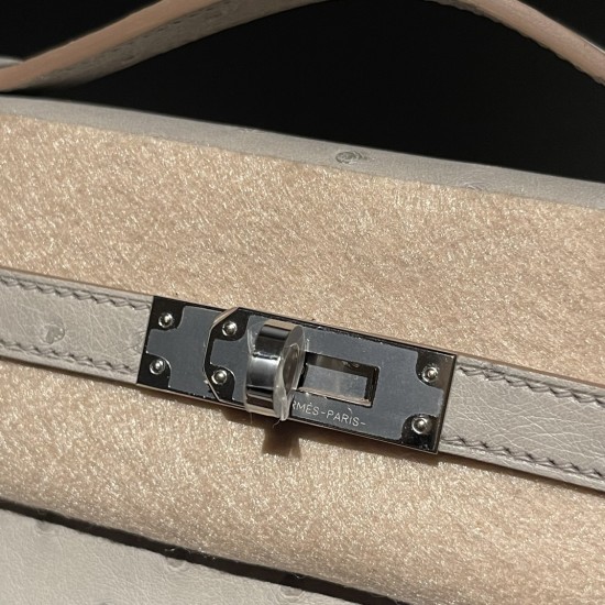 オーストリッチ エルメス ポシェットケリー kelly pochette  80/Pearl Grey (Gris Perle)  パールグレー ，