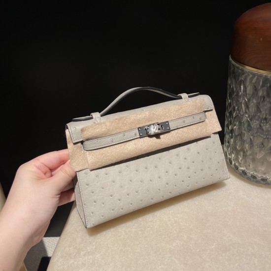 オーストリッチ エルメス ポシェットケリー kelly pochette  4Z/Gris Mouette  グリムエット