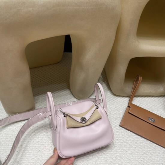 【Mini Lindy】スワイフトレザー 2023 年新色「モーヴ・ペール」× 内側 37 ゴールド シルバーゴールド混合金具 エレガントなツートンカラーデザイン