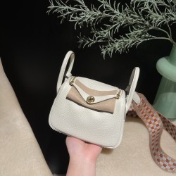 【Mini Lindy】マッシュルームホワイト 編み肩紐 × 幅広格子リボン ゴールド金具付き レトロな夏の定番バッグ