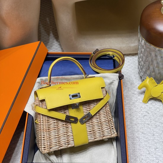 90/Jaune de Naples  ジョーヌナプル Kelly Picnic 藤条シリーズピクニックバッグswift 皮革（レザー）と藤（ふじ）の編み込み 