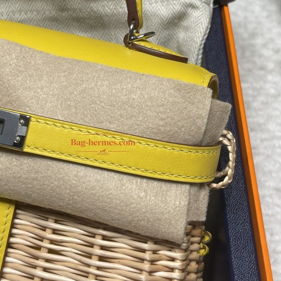 90/Jaune de Naples  ジョーヌナプル Kelly Picnic 藤条シリーズピクニックバッグswift 皮革（レザー）と藤（ふじ）の編み込み 