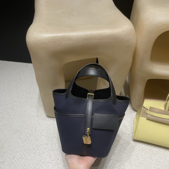 ピコタンロック18/PM cargo picotin ブラック ツイルアッシュ 78/Blue Marine ブルーマリン ゴールド金具 全手縫い ピコタンロック18/PM cargo picotin ブラック ツイルアッシュ 78/Blue Marine ブルーマリン ゴールド金具 全手縫い