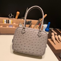 エルメス plume 21 オーストリッチ M8/Gris Asphalt  グリアスファルト シルバー金具  Plume-007 全手縫い