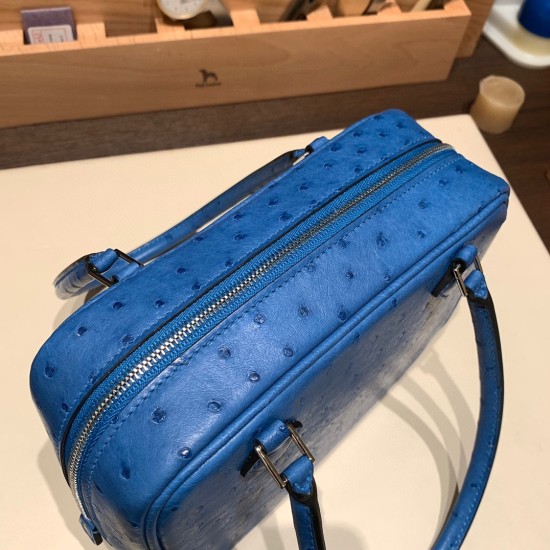 エルメス plume 21 オーストリッチ T7/Blue Hydra  ブルーイドラ シルバー金具  Plume-010 全手縫い