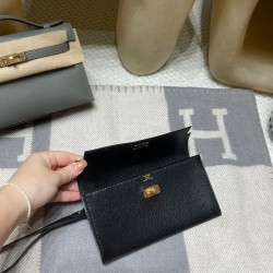 Chevre 89 Black ケリーポケット ロングウォレット｜カードスロット・ジップポケット・着脱式ハンドル付き シェブルミゾル 金扣 ミニマルデザイン