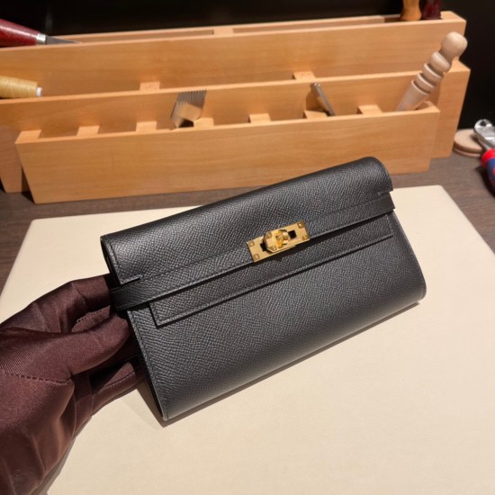 エルメス ケリーウォレット ロング ヴォーエプソン 89/Black (Noir) ブラック ゴールド金具   wallet-002 全手縫い