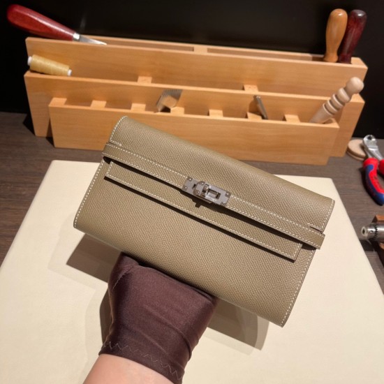 エルメス ケリーウォレット ロング ヴォーエプソン 18/Étoupe Grey (Étoupe)  エトゥープ シルバー金具  wallet-003 全手縫い