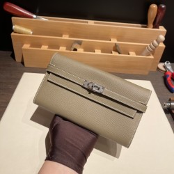 エルメス ケリーウォレット ロング ヴォーエプソン 18/Étoupe Grey (Étoupe)  エトゥープ シルバー金具  wallet-011 全手縫い