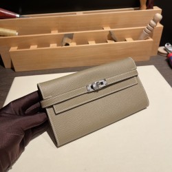 エルメス ケリーウォレット ロング ヴォーエプソン 18/Étoupe Grey (Étoupe)  エトゥープ シルバー金具  wallet-011 全手縫い