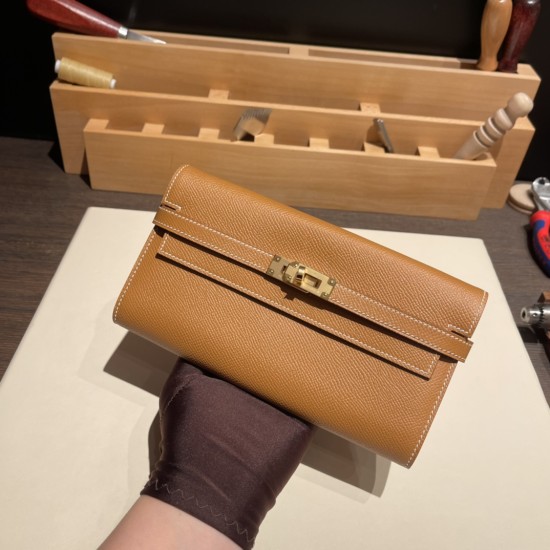 エルメス ケリーウォレット ロング ヴォーエプソン 37 /Gold ゴールド ゴールド金具   wallet-014 全手縫い