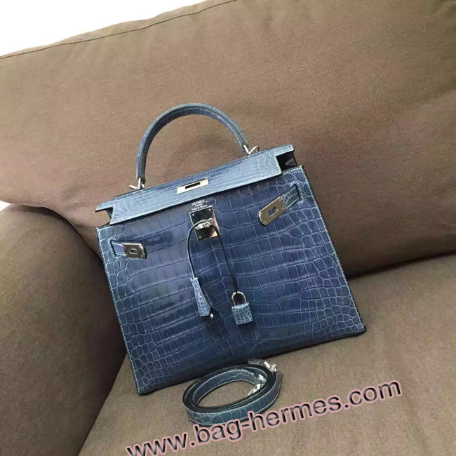 エルメス ケリー32 ブルータラサ クロコポロサス シルバー金具