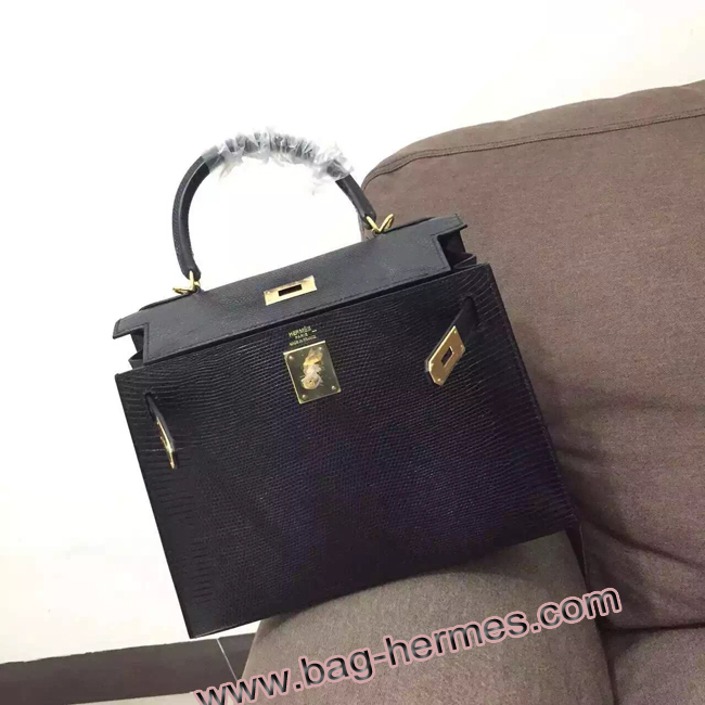 エルメス ケリー32 ブラック リザード ゴールド金具