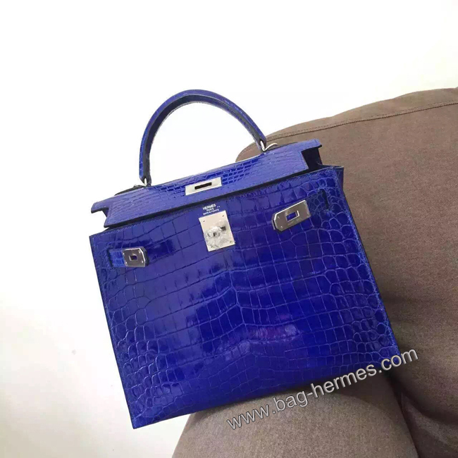 エルメス ケリー28 ブルーエレクトリック クロコポロサス シルバー金具