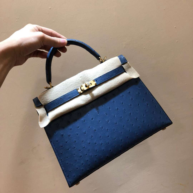 エルメス ケリー28 ブルードマルト オーストリッチ ゴールド金具