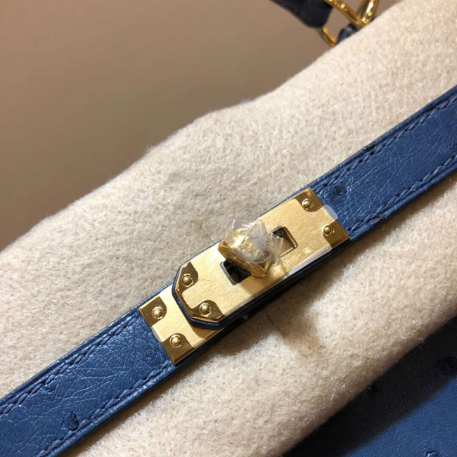 エルメス ケリー28 ブルードマルト オーストリッチ ゴールド金具