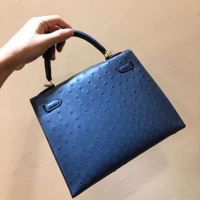 エルメス ケリー28 ブルードマルト オーストリッチ ゴールド金具
