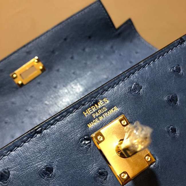 エルメス ケリー28 ブルードマルト オーストリッチ ゴールド金具