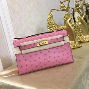 エルメス ポシェットケリー ピンク ゴールド金具 オーストリッチ