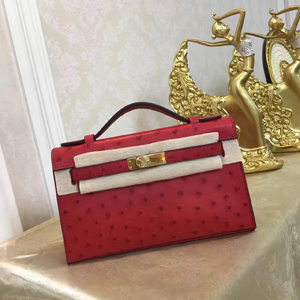 エルメス ポシェットケリー ルビー ゴールド金具 オーストリッチ