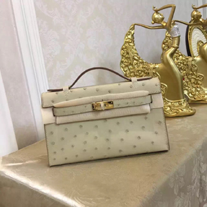エルメス ポシェットケリー パールグレー ゴールド金具 オーストリッチ