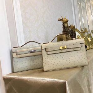 エルメス ポシェットケリー オフベージュ シルバー金具 オーストリッチ
