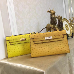 エルメス ポシェットケリー ジョーヌプッサン シルバー金具 オーストリッチ