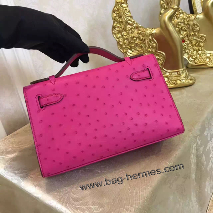エルメス ポシェットケリー ローズショッキング ゴールド金具 オーストリッチ