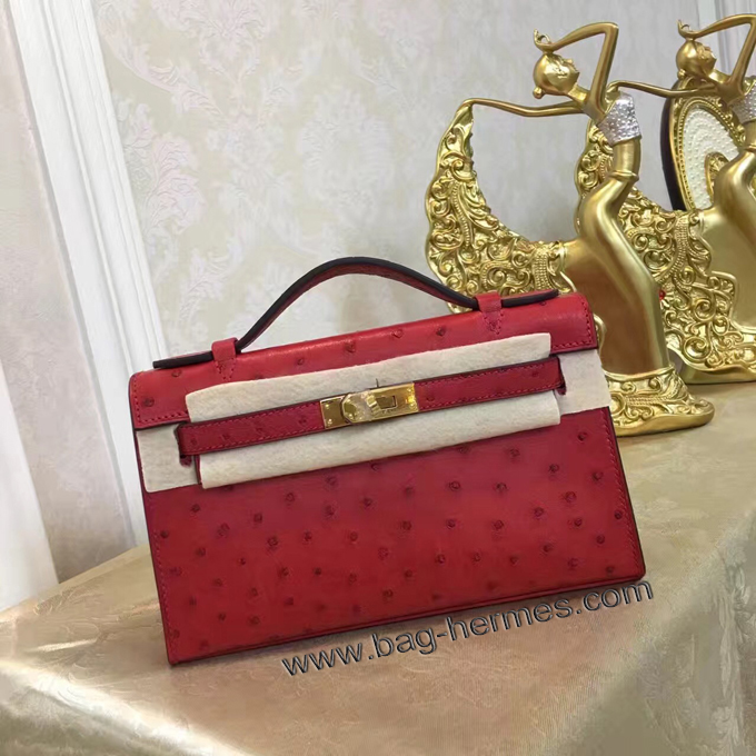 エルメス ポシェットケリー ルビー ゴールド金具 オーストリッチ