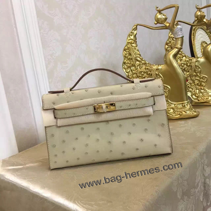 エルメス ポシェットケリー パールグレー ゴールド金具 オーストリッチ