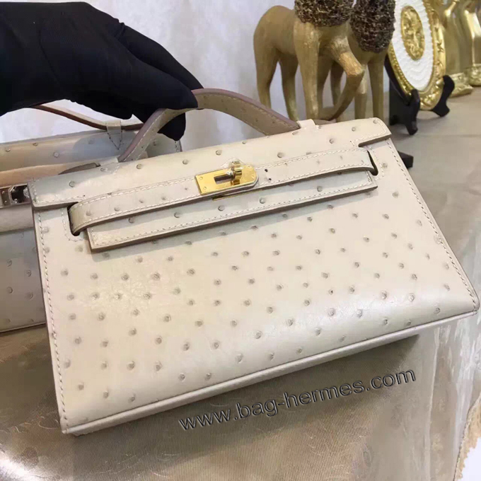 エルメス ポシェットケリー オフベージュ シルバー金具 オーストリッチ