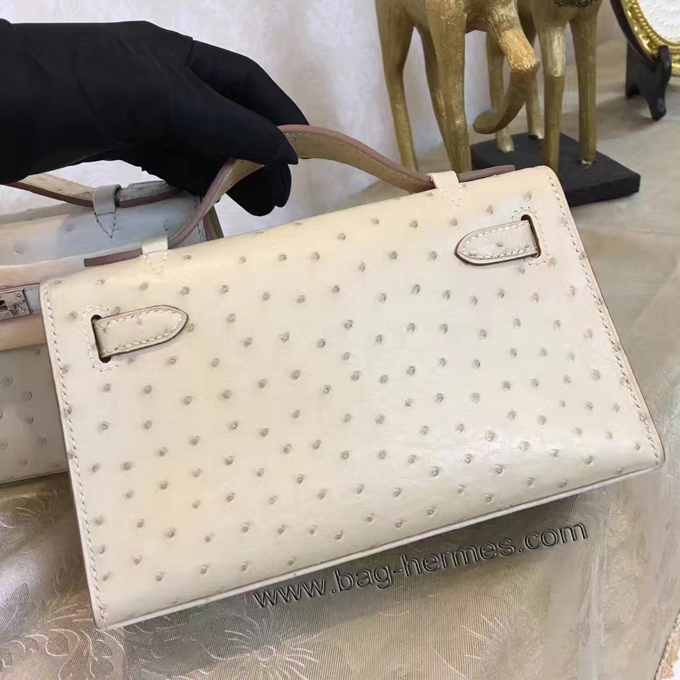 エルメス ポシェットケリー オフベージュ シルバー金具 オーストリッチ