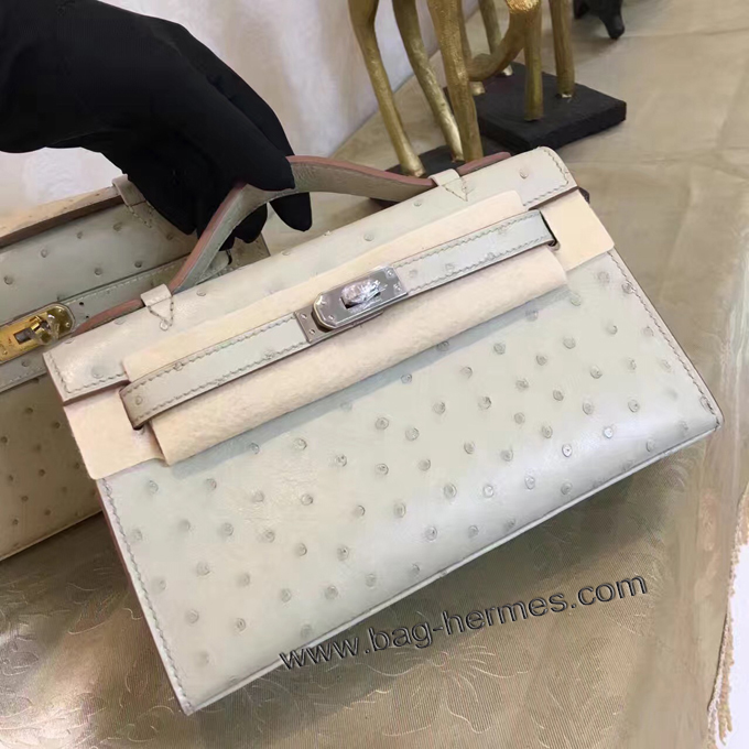 エルメス ポシェットケリー パールグレー シルバー金具 オーストリッチ