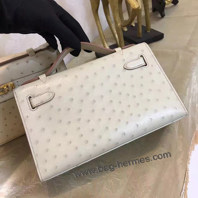 エルメス ポシェットケリー パールグレー シルバー金具 オーストリッチ