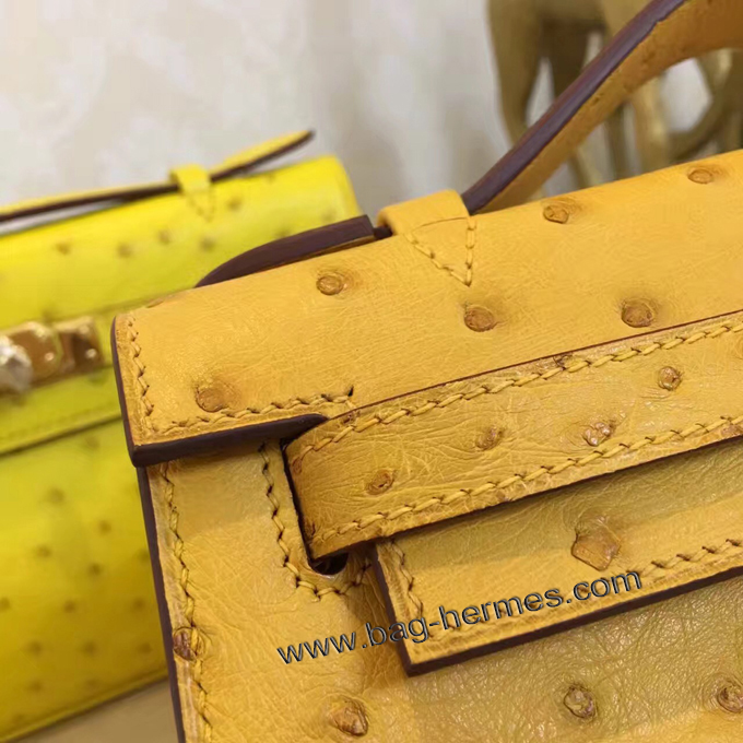 エルメス ポシェットケリー ジョーヌプッサン シルバー金具 オーストリッチ