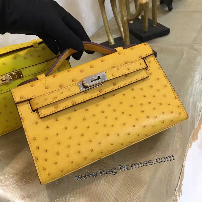 エルメス ポシェットケリー ジョーヌプッサン シルバー金具 オーストリッチ
