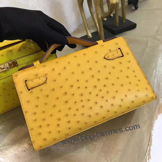 エルメス ポシェットケリー ジョーヌプッサン シルバー金具 オーストリッチ